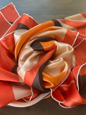 Vintage Kanebo Silk Scarf 70s Orange Brown Retro Modernist Japan New in Org Box